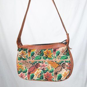Vintage Floral Embroidered Satchel - Brown and Green